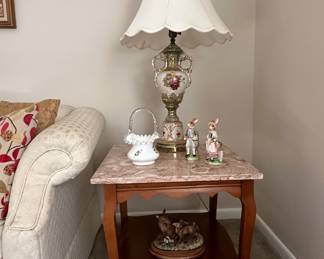 Victorian Style Ceramic Table Lamp with Floral Motif and Capodimonte Style Figurines and Marble Top End Table