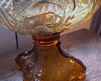 Vintage Amber Glass "Gone With The Wind" Style Hurricane Lamp with Hand-Painted Floral Shade