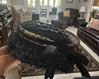 Vintage Black Woven Hat with Ribbon and Lace Detail