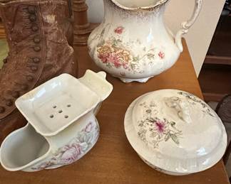 Victorian Ceramic Pitcher, Soap Dish, and Covered Dish Set