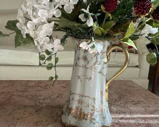 Hand Painted Porcelain Pitcher with Gold Gilt