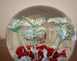 Hand-Blown Art Glass Paperweight with Floral Design