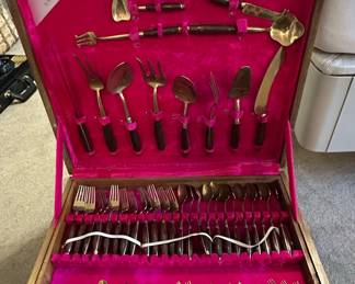 Siam Brass and Rosewood Flatware Set in Wooden Case