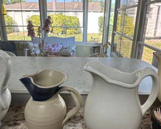 Assorted Ceramic Pitchers and Folk Art Teapot