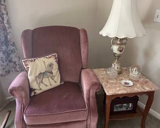 Mauve Velvet Wingback Armchair with Carousel Horse Pillow