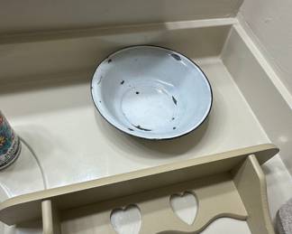 Vintage Enamelware Bowl and Decorative Heart Cutout Shelf