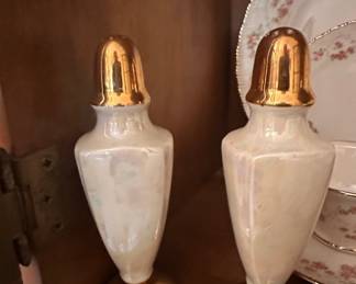 Vintage Pearlescent Salt and Pepper Shakers with Gold Tone Accents