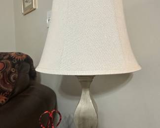 Distressed Wood Urn Table Lamp with Neutral Drum Shade