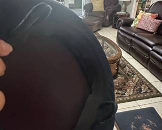 Dark Blue Wide-Brimmed Hat with Feather and Decorative Stitching