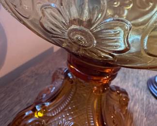 Vintage Amber Glass "Gone With The Wind" Style Hurricane Lamp with Hand-Painted Floral Shade