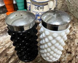 Fenton Hobnail Milk Glass and Black Glass Salt and Pepper Shakers