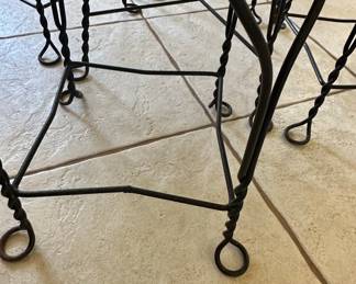 Wrought Iron Bistro Set with Heart Back Chairs and Amber Glass Oil Lamp
