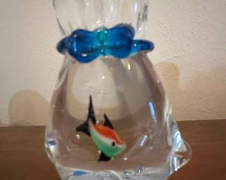 Murano Style Glass Bag with Goldfish Figurine