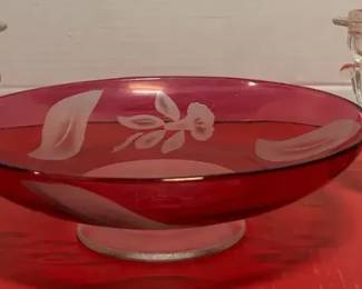 Vintage Red Glass Bowl  Matching Candle Sticks