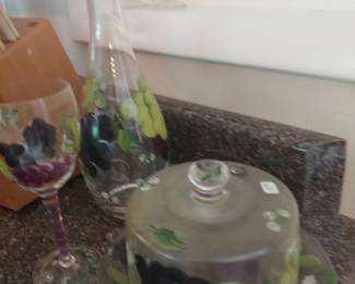 Domed cheese tray w/matching wine cruse & glass