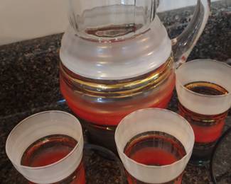 Mid century pitcher w/3 matching glasses
