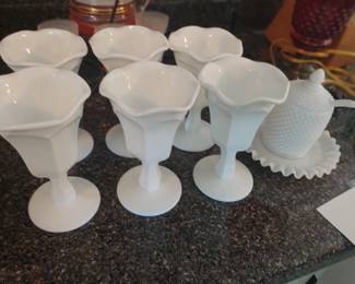 6 stemmed milk glass goblets 