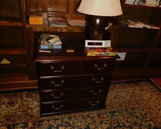 MAHOGANY LATERAL FILE CABINET WITH VINTAGE JAPANESE POTTERY LAMP