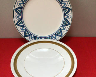 Lot 57: Mikasa dinner plates: blue patterned rim and gold-banded white plate
