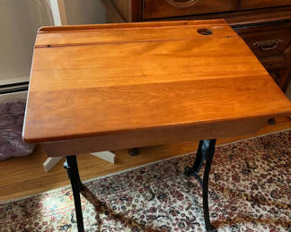 Lot 212: Height-adjustable wooden school desk with storage