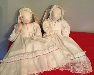 Lot 86: Two plush Easter bunny dolls in lace-trimmed dresses