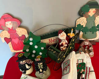 Lot 155: Christmas holiday decor assortment with figurines and textiles