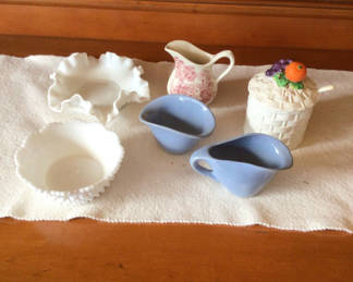 Lot 247: Assorted Kitchenware: milk glass, Rosemeade Bowls, Creamers, Pitchers and a Lidded Jar