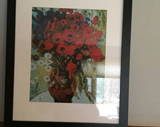 Lot 83: Framed cross-stitch floral artwork of red poppies