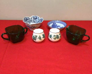 Lot 50: Blue-and-white porcelain bowls, salt-and-pepper shakers, and green glass mugs