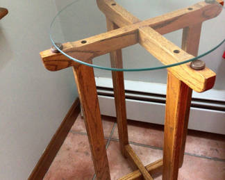 Lot 27: Round Glass-Top Table with Wooden X-Frame Base