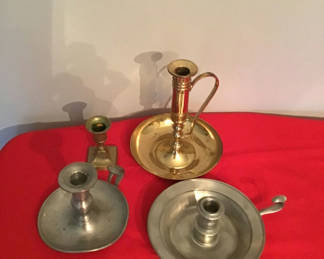 Lot 85: Pewter and Brass Candle Holders