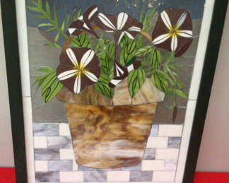Lot 70: Framed Mosaic Tile Art: Potted Plant with Brown-and-White Flowers