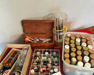 Lot 156: Assorted craft supplies: sewing thread, paints, and tools