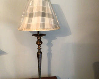 Lot 63: Antique brass table lamp with striped shade