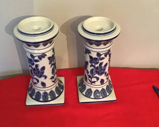 Lot 87: Two blue and white ceramic pillar candle holders