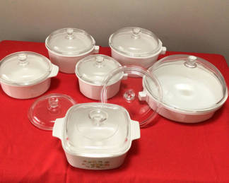 Lot 31:  Corningware White ceramic cookware set with glass lids
