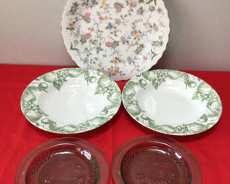 Lot 11: Floral patterned plate with green-bordered bowls and red glass dessert plates
