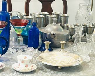 Vintage Pewter, teacups, glass, etc