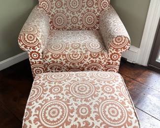 Ivory & rust pattern arm chair & ottoman