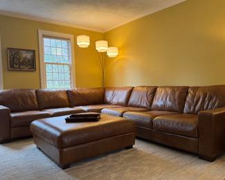 Brown leather sectional & ottoman