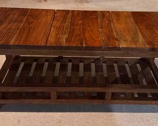 Wood bench with lower shelf storage