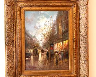 Beautifully framed oil on canvas of vintage city scene