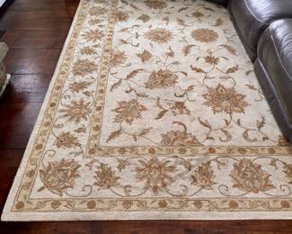Rizzy , wool & cotton rug, ivory with green & tan accent design, approx 9 X 12