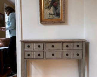 Green shallow painted console table with 6 drawers by Stein