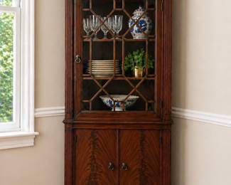 Vintage corner cabinet with storage & glass front
