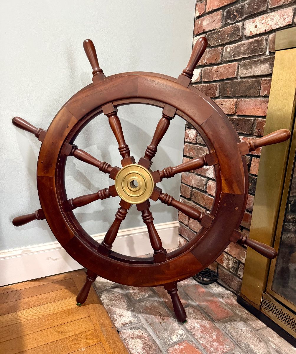 Ship’s Wheel, wood and brass, floor mount, nautical decoration