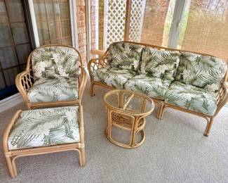 Ratan Sofa, Chair, Ottoman and Table (glass top), (sold as set); glass top; three-season room furniture; excellent condition (needs cleaning)