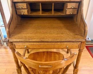 Writer’s Wood Desk and Chair; pull-down cover 