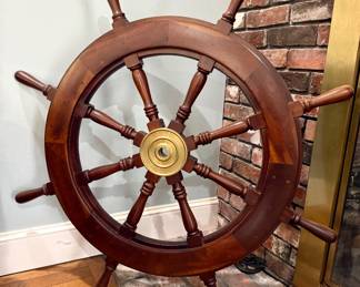 Ship’s Wheel, wood and brass, floor mount, nautical decoration