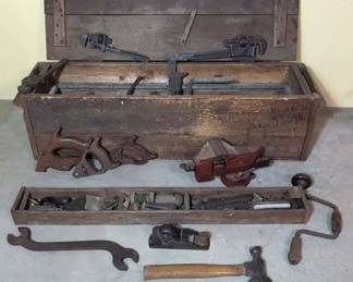 Antique Wood Tool Box With Tools